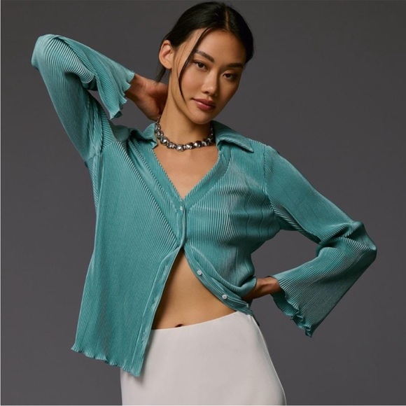 Anthropologie Dolan Lettuce Hem Button Down Top green blue Size Medium - Picture 4 of 9